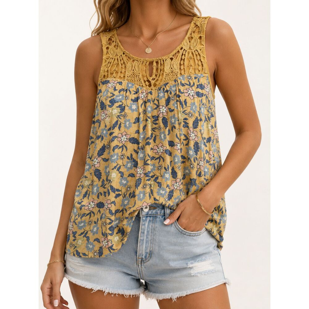 Maurices Mustard Floral Lace Tank Top Medium‎ Boho Cottagecore Sleeveless Blouse